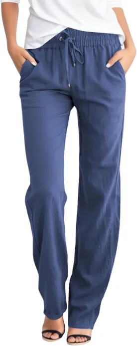 Womens Tapered Pants Straight Leg Solid Color Elastic High Waist Loose Lightweight Lounge Pants with Pockets