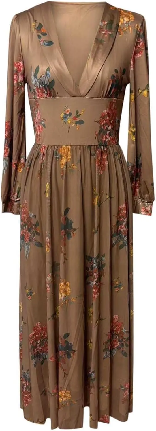 Women's Vintage Pastoral Flower Long Dress Sexy V-Neck Long Sleeve Chiffon Western Country Dresses Fall Sexy Maxi Dress