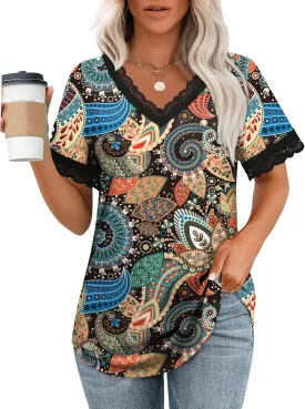 XIEERDUO V Neck T Shirts for Women Lace Sleeve Ladies Tops and Blouses Summer Outfits Basic Tee