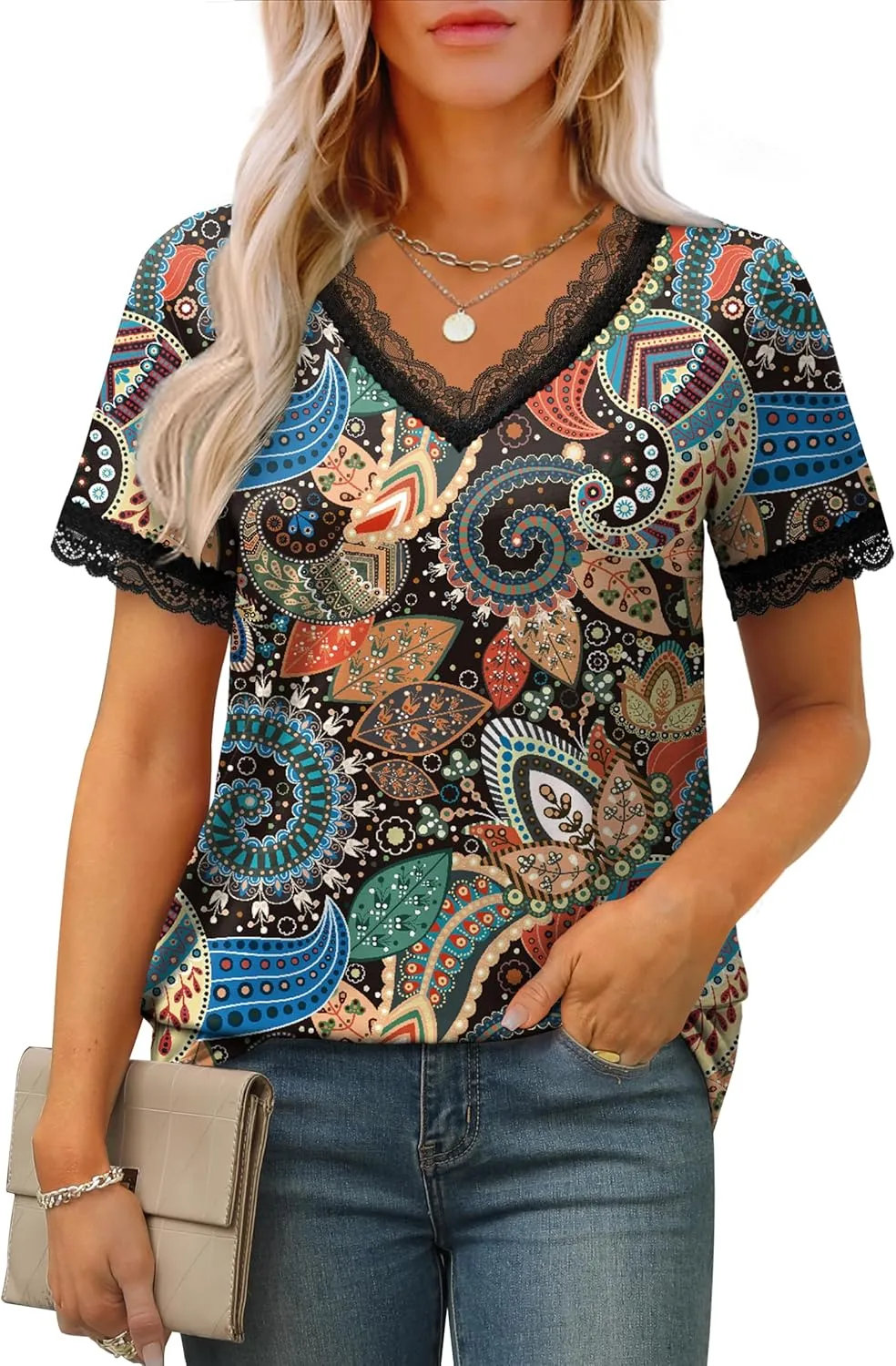 XIEERDUO V Neck T Shirts for Women Lace Sleeve Ladies Tops and Blouses Summer Outfits Basic Tee