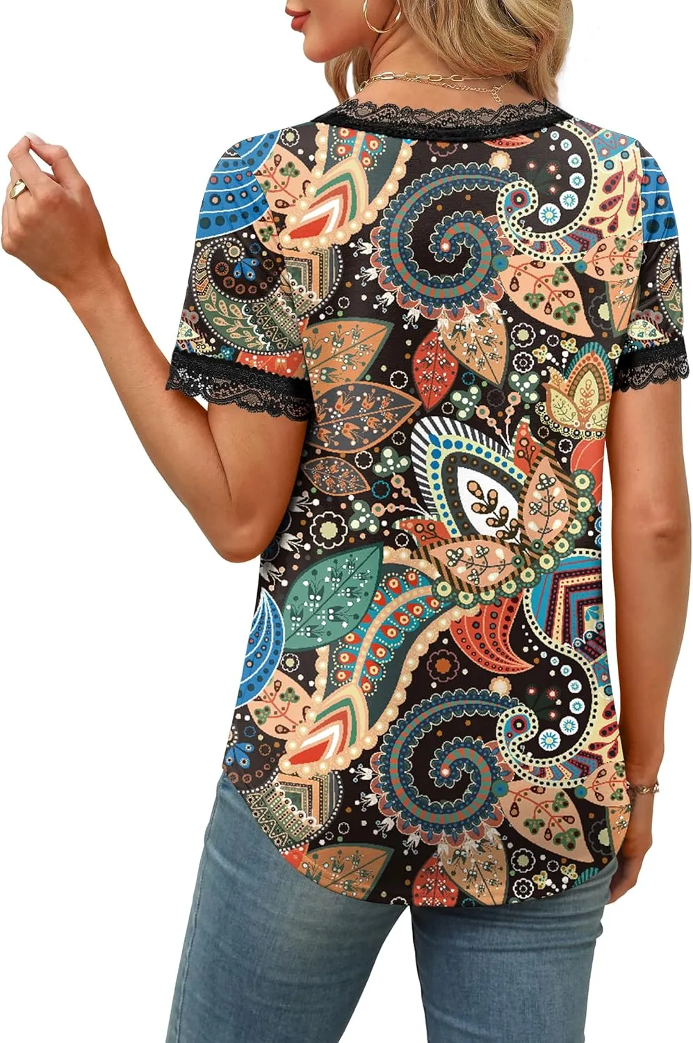XIEERDUO V Neck T Shirts for Women Lace Sleeve Ladies Tops and Blouses Summer Outfits Basic Tee