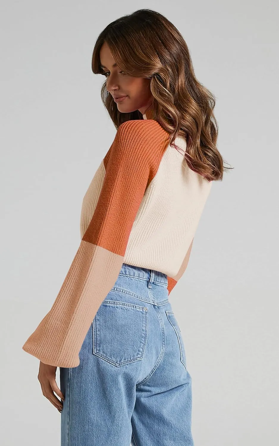 ZAFUL Women's Mock Neck Color Block Sweaters Knitted Pullover Jumper Tops Casual Lantern Sleeve Cropped Sweater