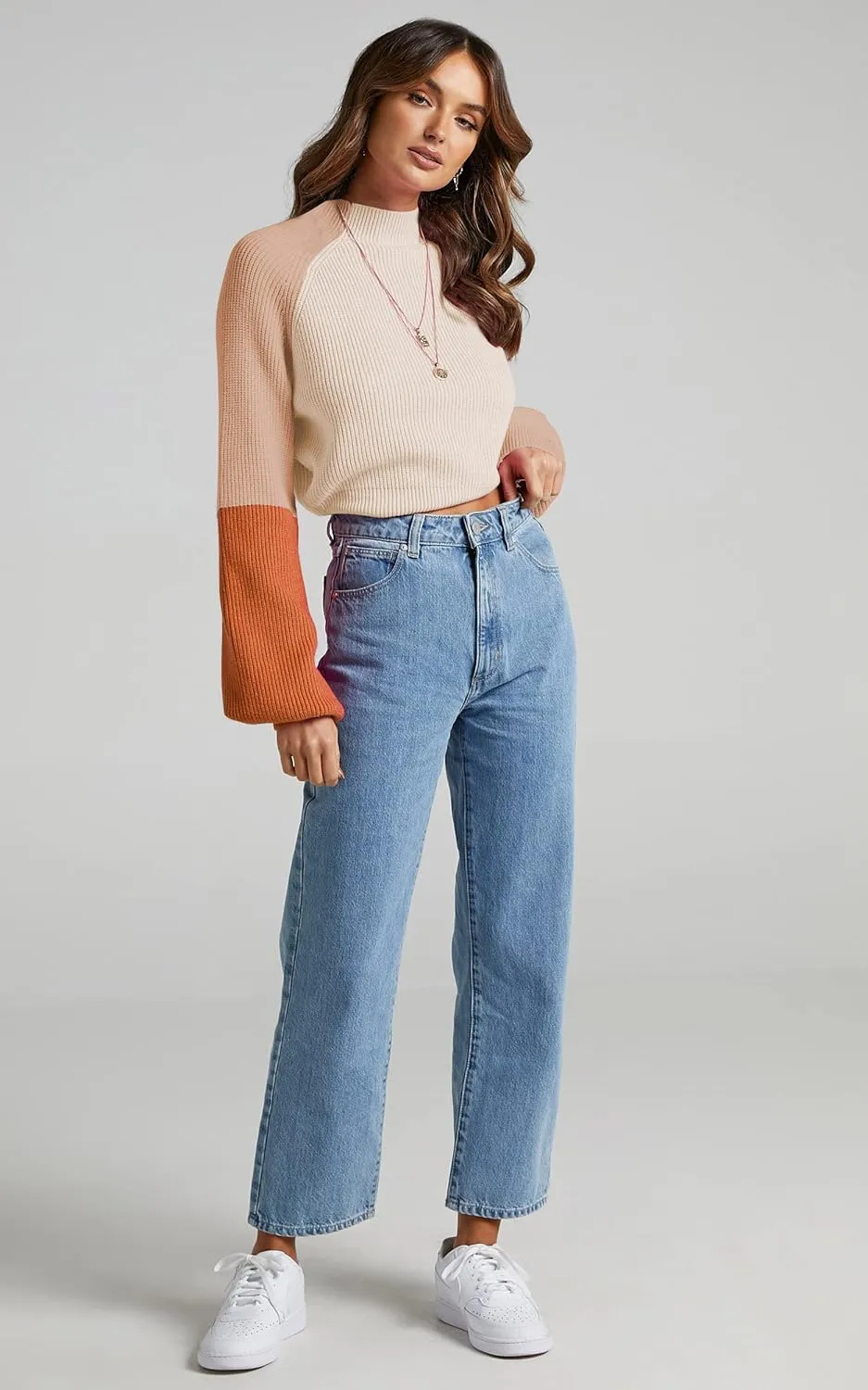 ZAFUL Women's Mock Neck Color Block Sweaters Knitted Pullover Jumper Tops Casual Lantern Sleeve Cropped Sweater