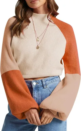 ZAFUL Women's Mock Neck Color Block Sweaters Knitted Pullover Jumper Tops Casual Lantern Sleeve Cropped Sweater