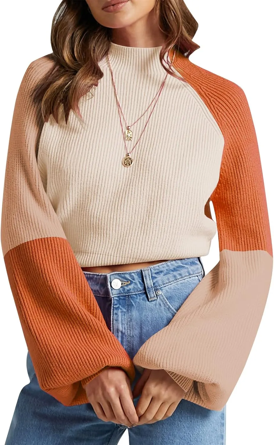 ZAFUL Women's Mock Neck Color Block Sweaters Knitted Pullover Jumper Tops Casual Lantern Sleeve Cropped Sweater